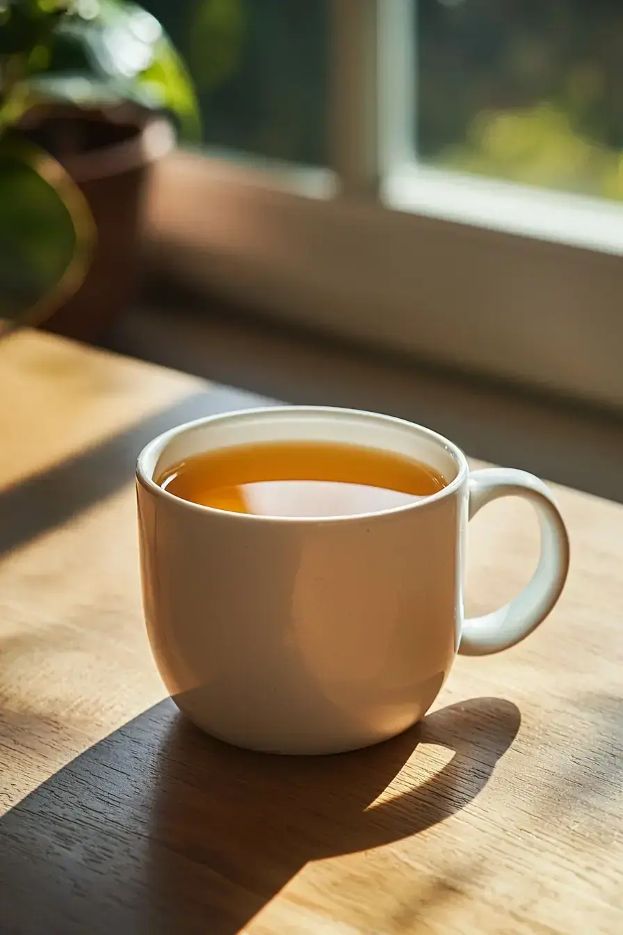 A beautifully set table with two mugs of Cortisol Tea and fresh herbs for garnish