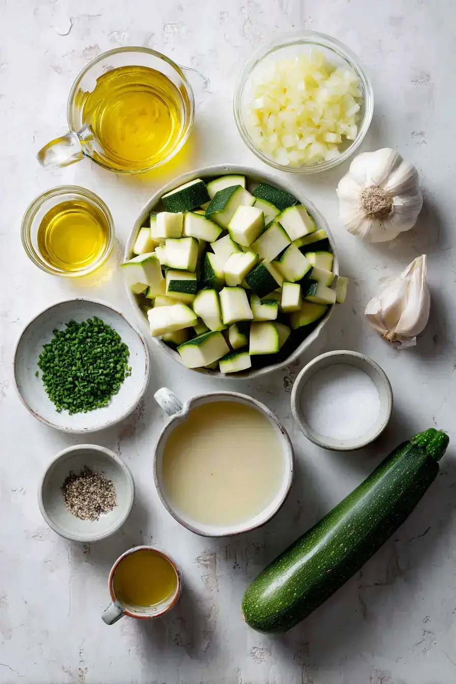 Ingredients for homemade courgette soup recipe laid out on a counter