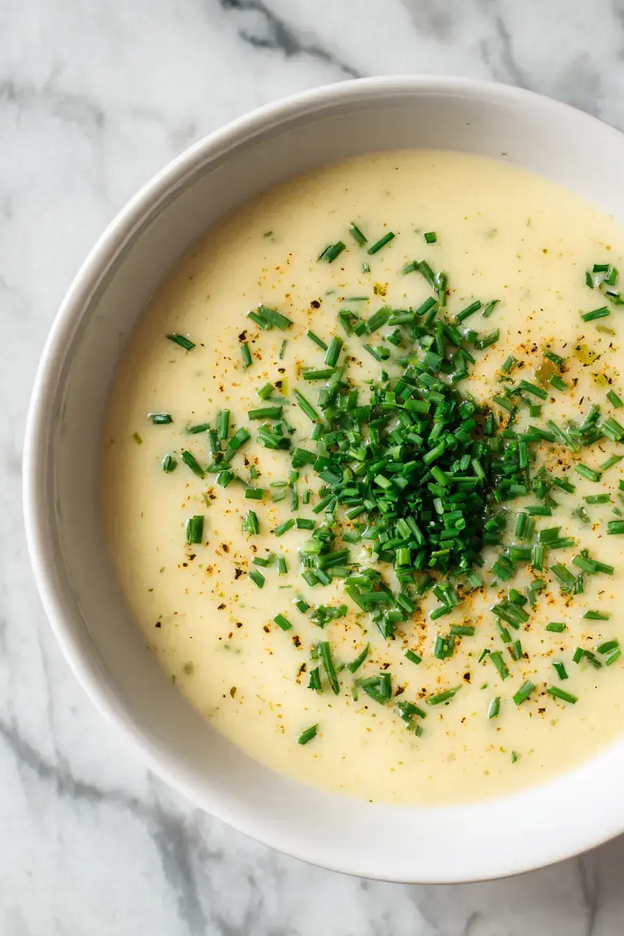Beautifully served courgette soup recipe with crusty bread and fresh herbs
