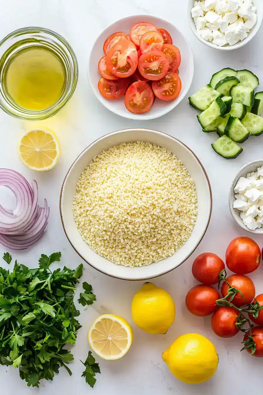 Fresh ingredients for making a vibrant herb couscous salad on a wooden table