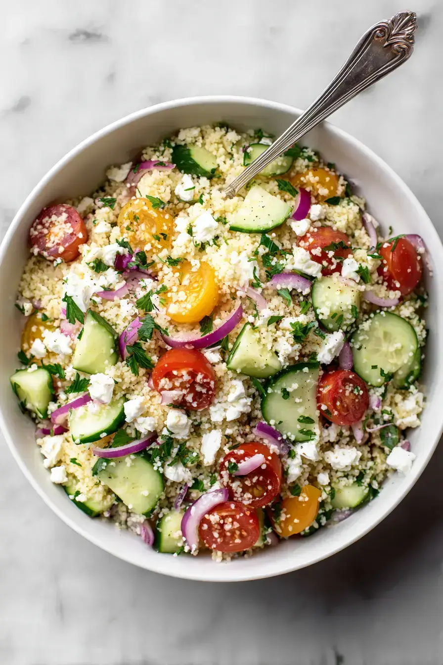 A beautiful serving of couscous salad garnished with fresh mint, ready for a summer gathering