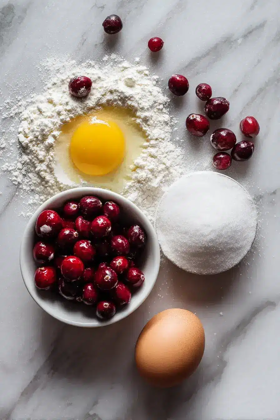 Ingredients for Fresh Cranberry Muffins arranged neatly on a wooden table