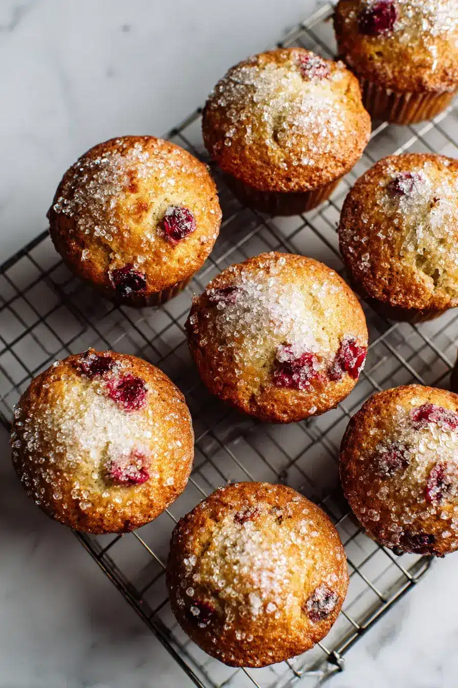 Fresh Cranberry Muffins served on a rustic wooden board with coffee and orange slices