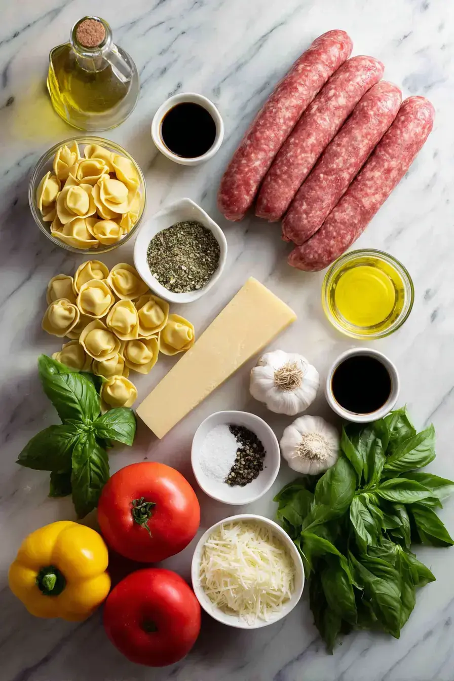 Ingredients for making creamy tortellini soup on a rustic table