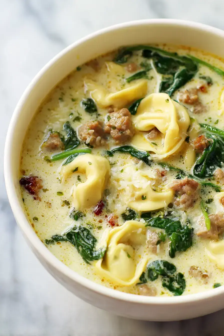 A beautifully set table with a large pot of creamy tortellini soup and crusty bread