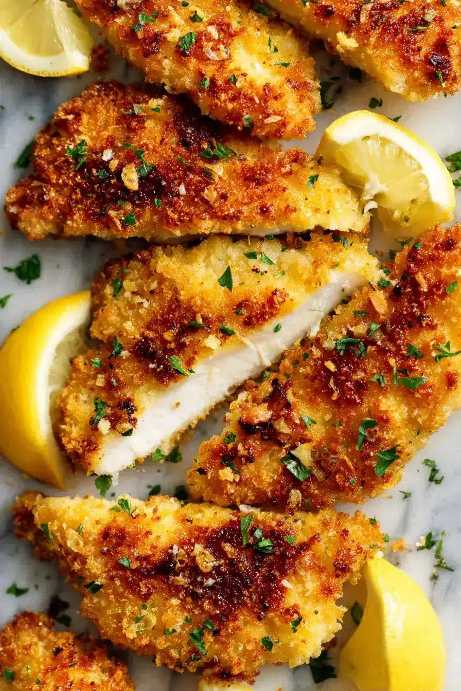 Crispy Garlic Chicken served family-style with roasted vegetables and fresh herbs