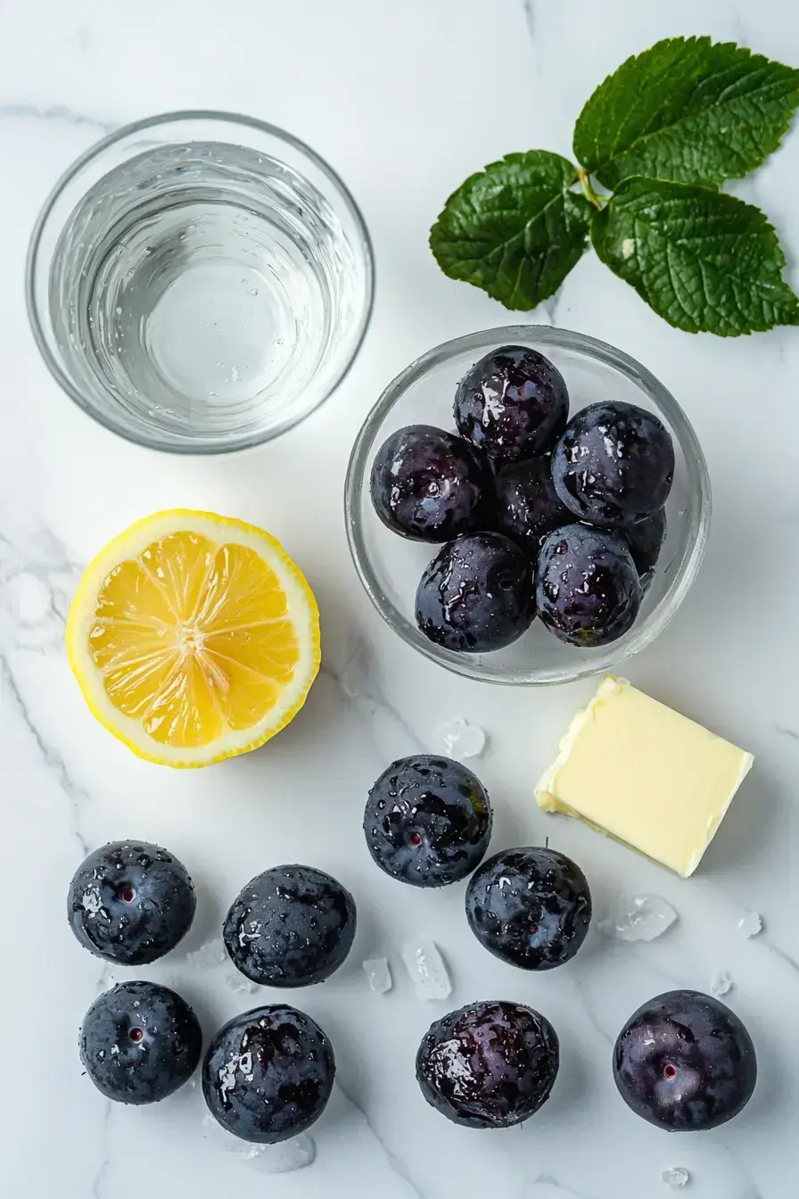 Fresh damson plums, sugar, and lemon arranged for making homemade damson jam