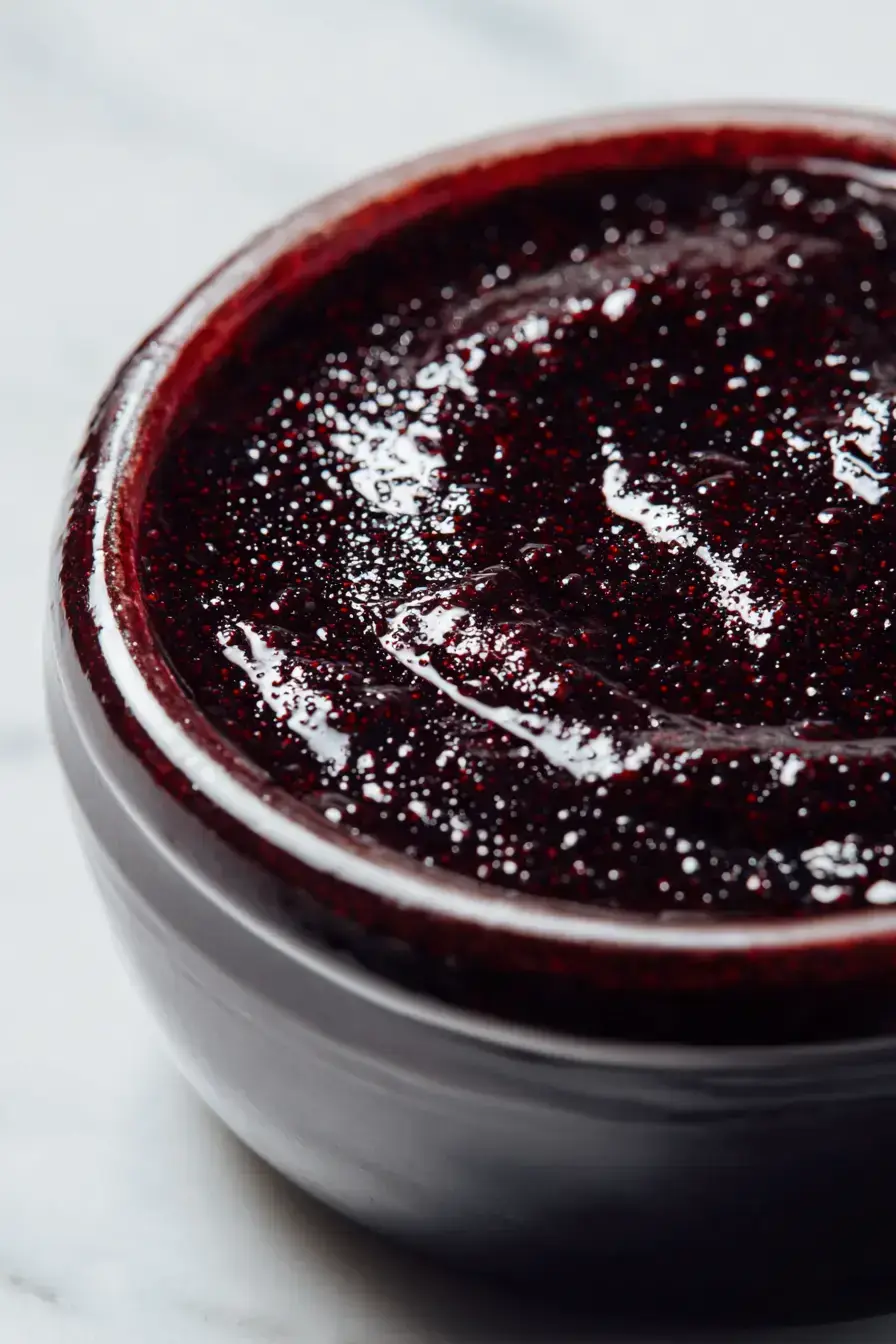 A slice of warm toast generously spread with deep purple damson jam