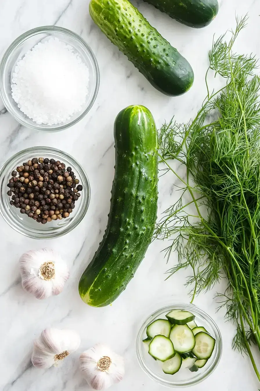 Fresh ingredients for making dill pickle spears including cucumbers and dill