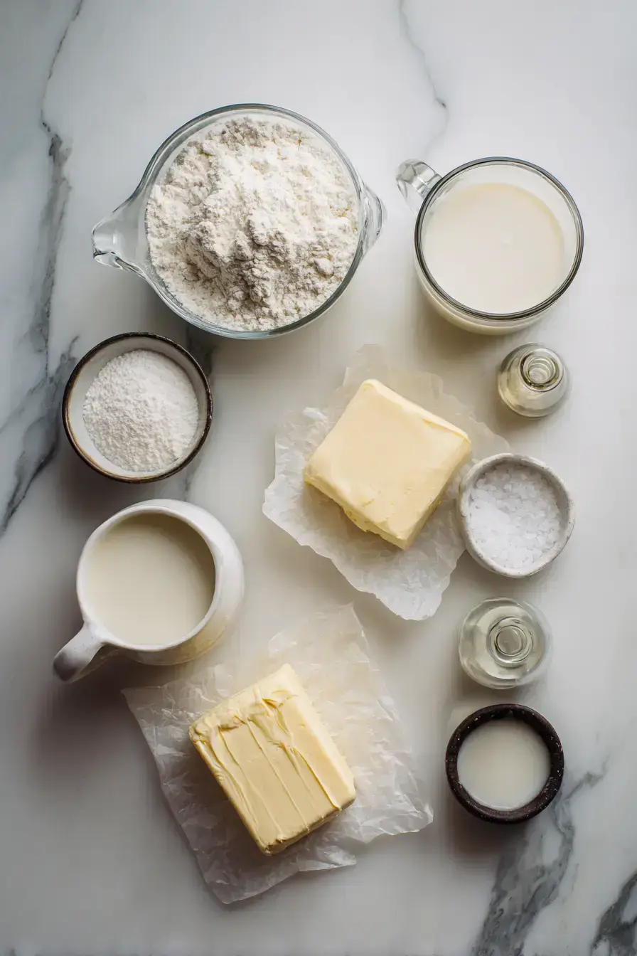 Ermine Frosting ingredients laid out on a rustic kitchen counter