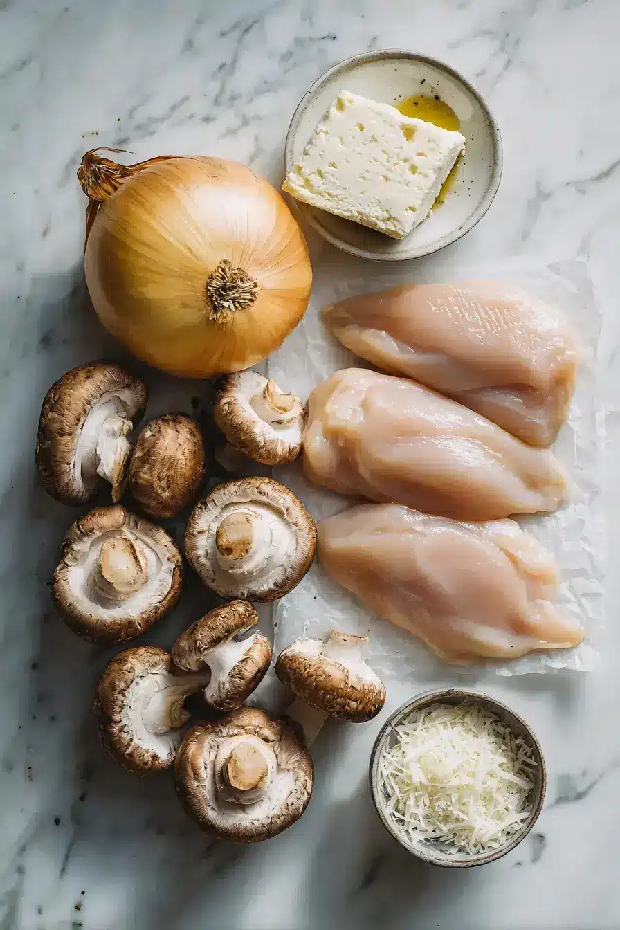 Fresh ingredients laid out for making Garlic Butter Mushroom Stuffed Chicken