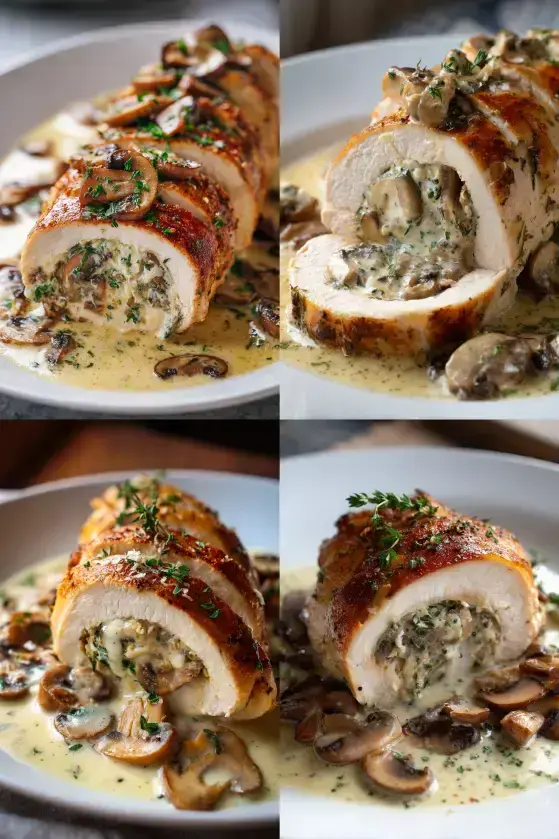 Beautifully plated Garlic Butter Mushroom Stuffed Chicken with seasonal vegetables