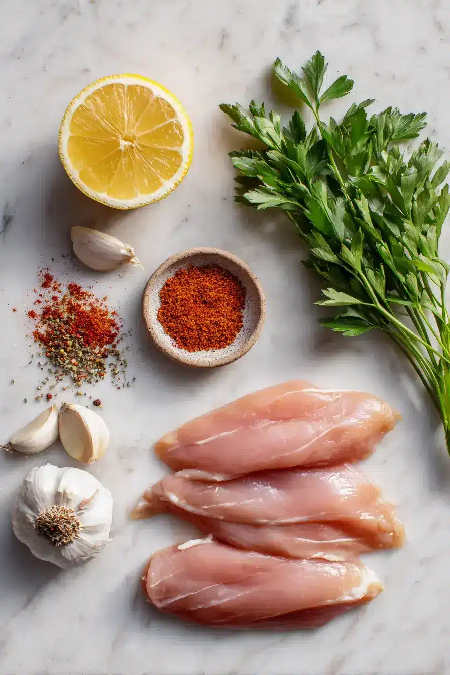 Fresh ingredients laid out for making garlic chicken breast recipe including garlic, herbs, and chicken