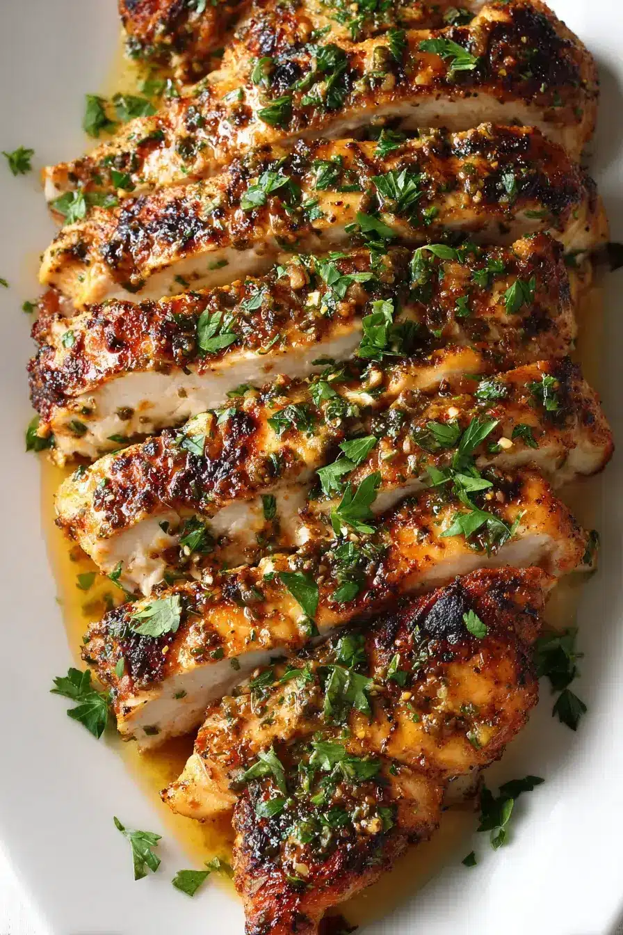 Beautifully plated garlic chicken breast with roasted vegetables and lemon wedges