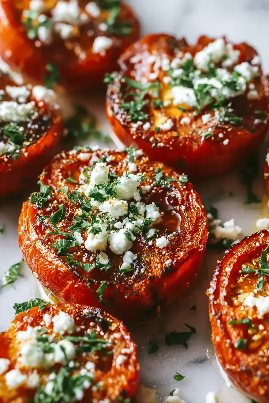 Greek Roasted Tomato served on a rustic platter with fresh herbs