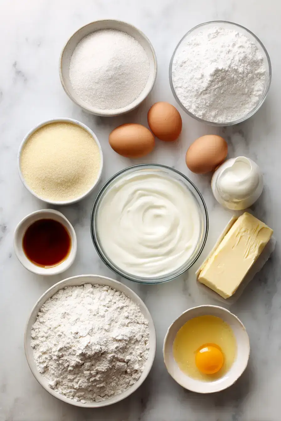Baking ingredients laid out for making Greek yogurt pancakes