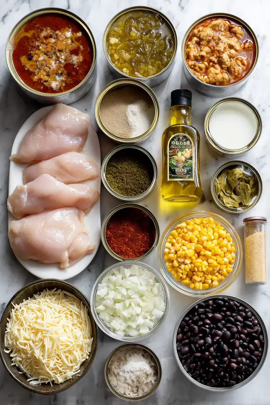 Ingredients for making a tasty Green Chicken Enchilada Soup recipe on a wooden table