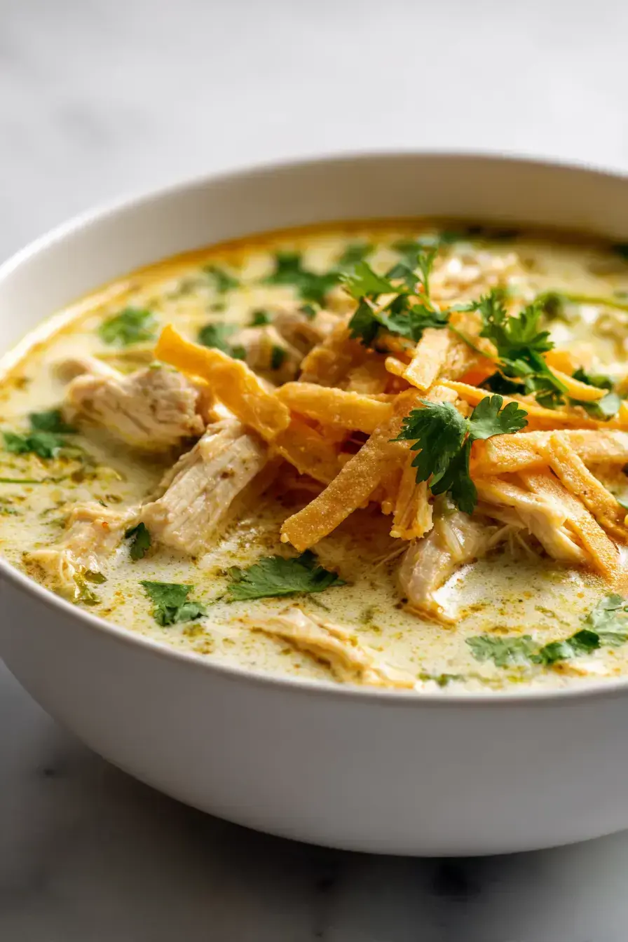 A beautifully set table with bowls of Green Chicken Enchilada Soup and various toppings