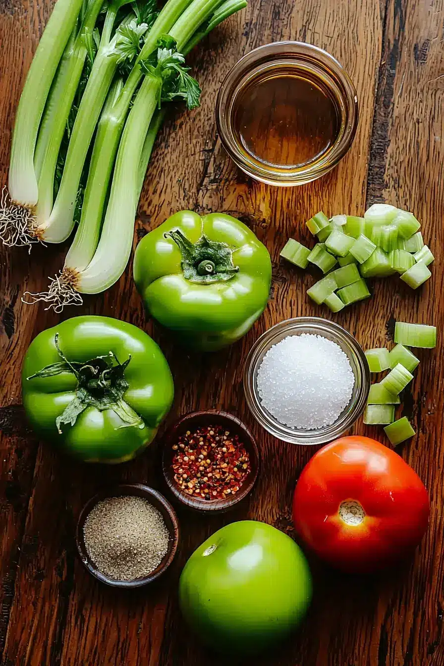 Fresh ingredients for making homemade Green Tomato Chow Chow on a wooden table