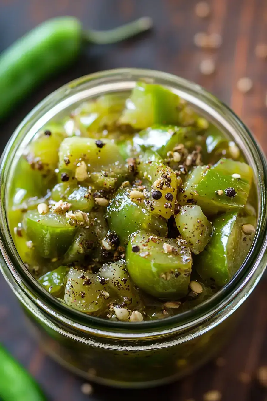 A bowl of Green Tomato Chow Chow being spooned onto a grilled hot dog