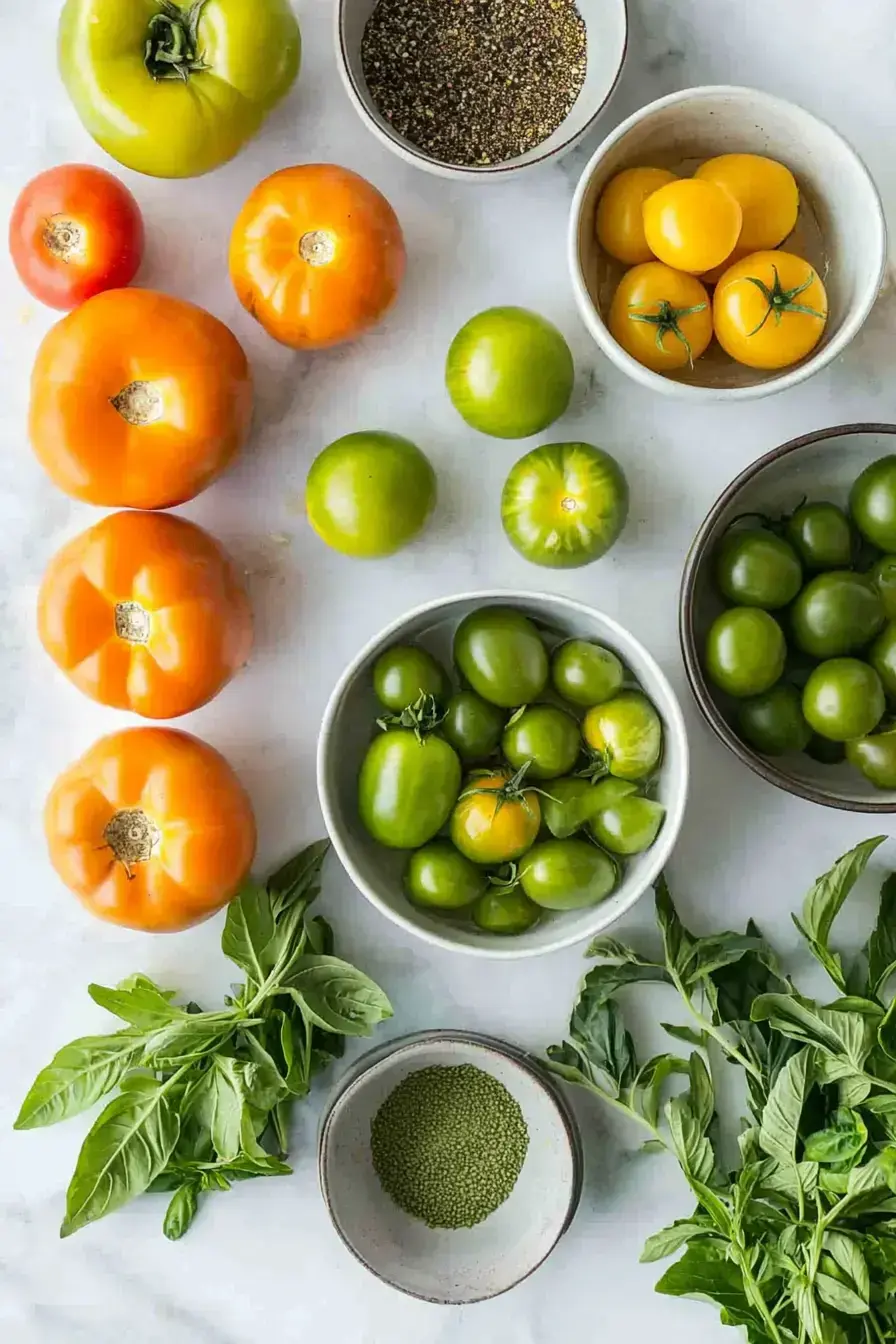 Assorted ingredients for making a zesty Green Tomato Piccalilli