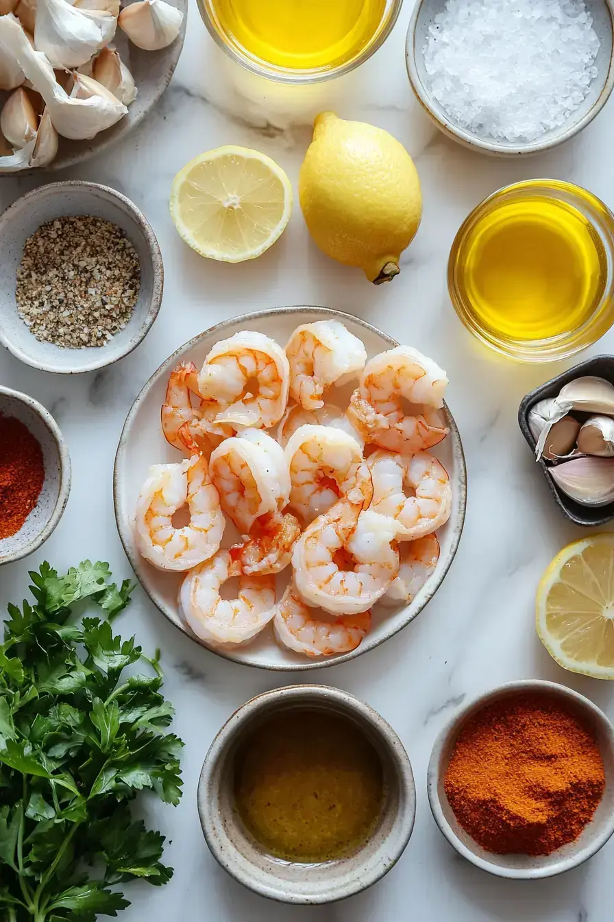 Raw ingredients for savory grilled shrimp skewers with garlic and spices