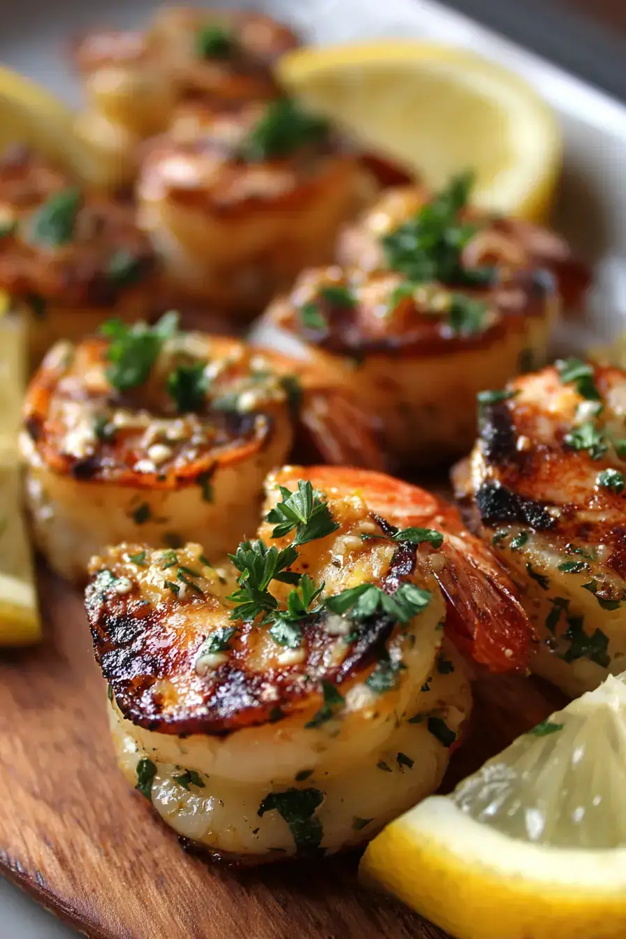 Beautiful serving platter of grilled appetizer skewers with lemon wedges and fresh herbs