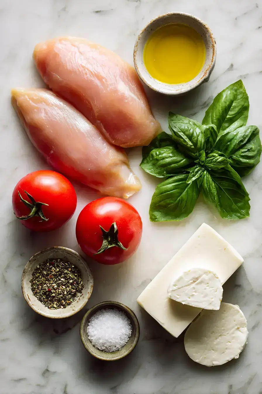 Fresh ingredients for Grilled Chicken Caprese including chicken, tomatoes, and mozzarella