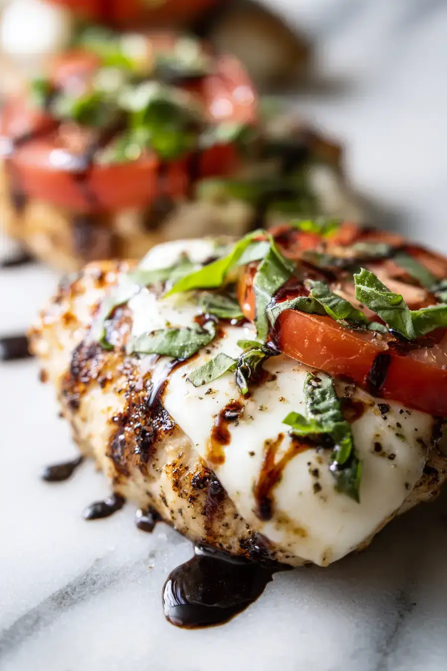Beautifully plated Grilled Chicken Caprese with fresh basil garnish and side dishes