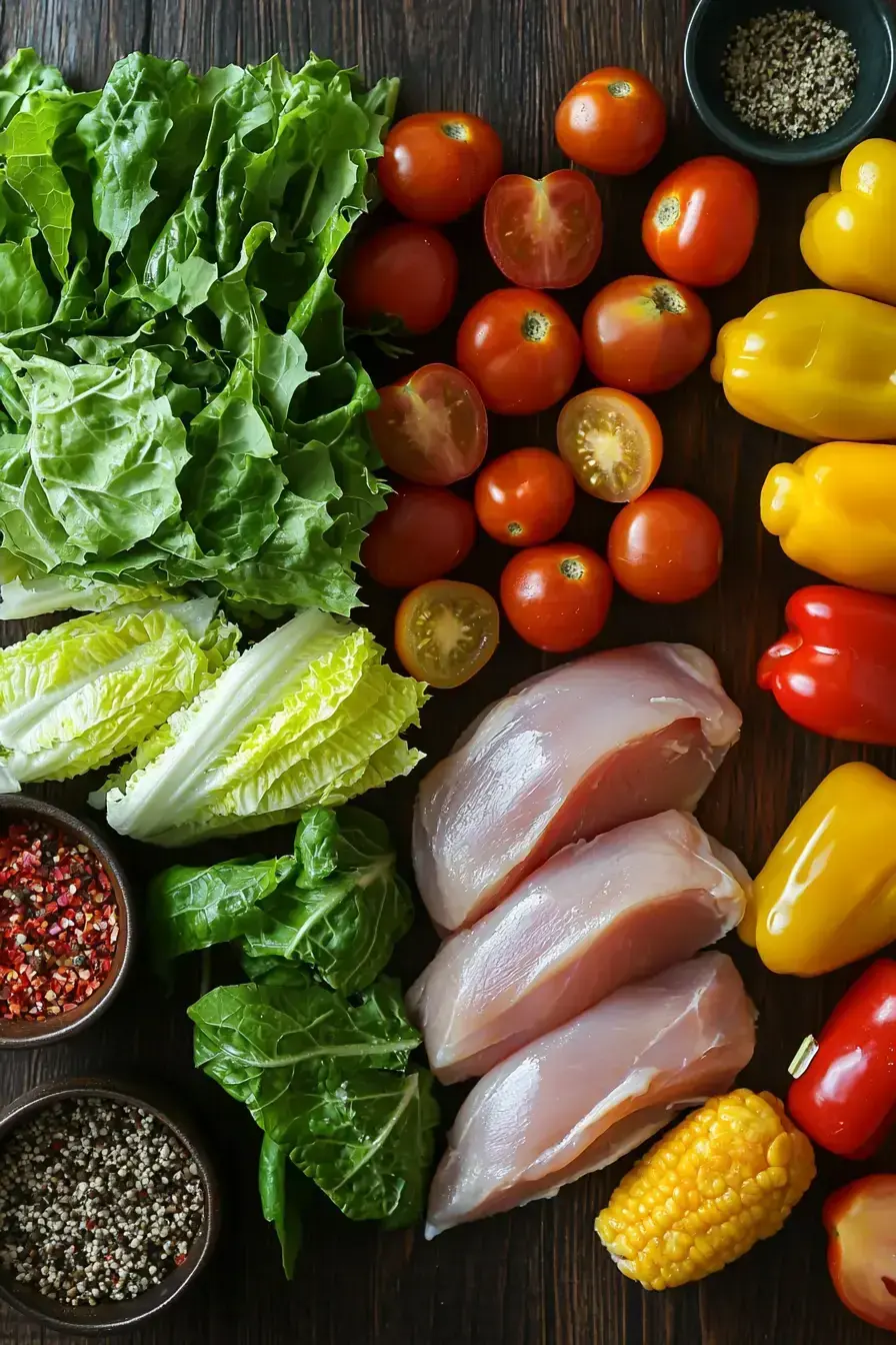 Fresh ingredients arranged for a grilled chicken salad