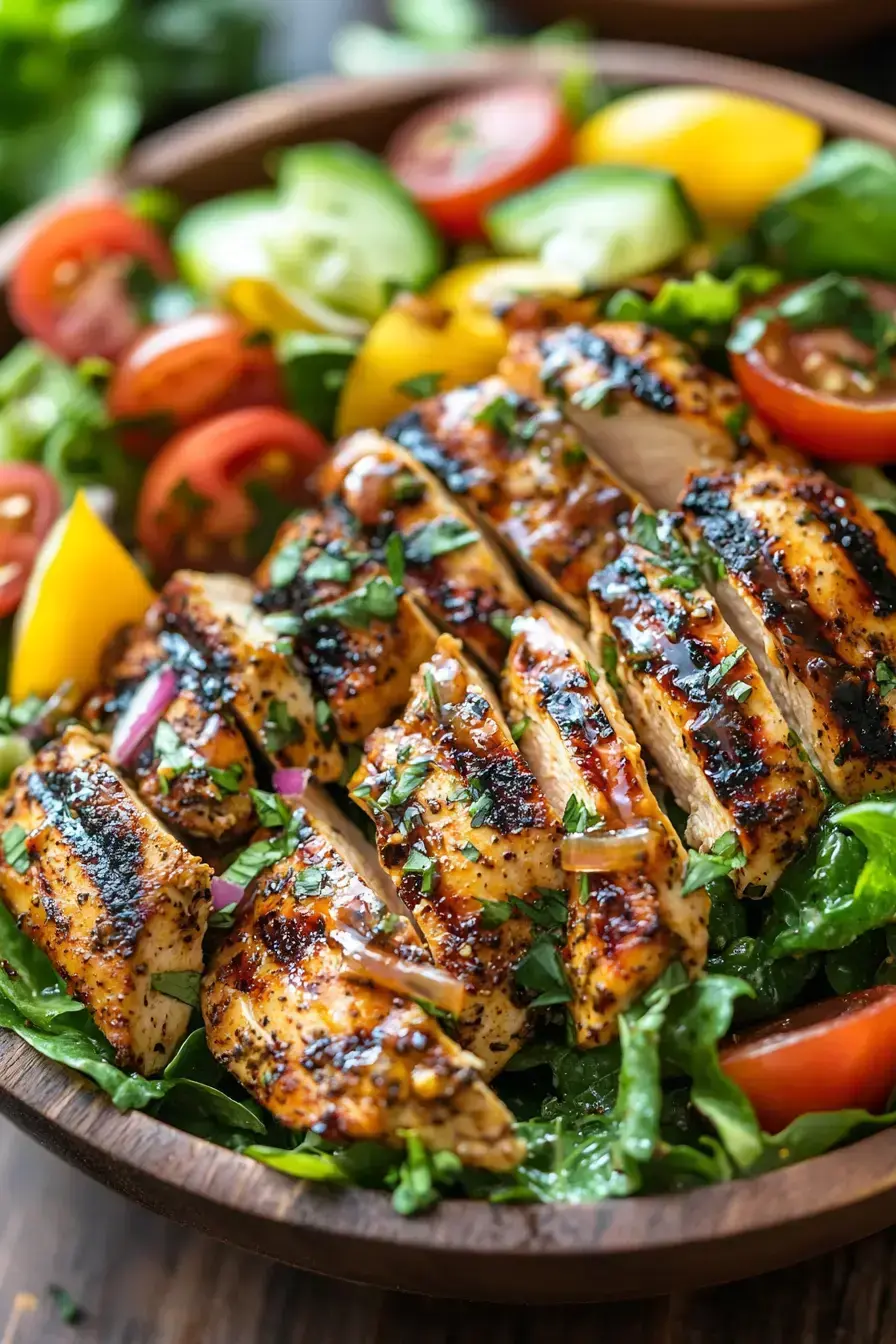 Beautifully plated grilled chicken salad with fresh herbs and lemon wedges