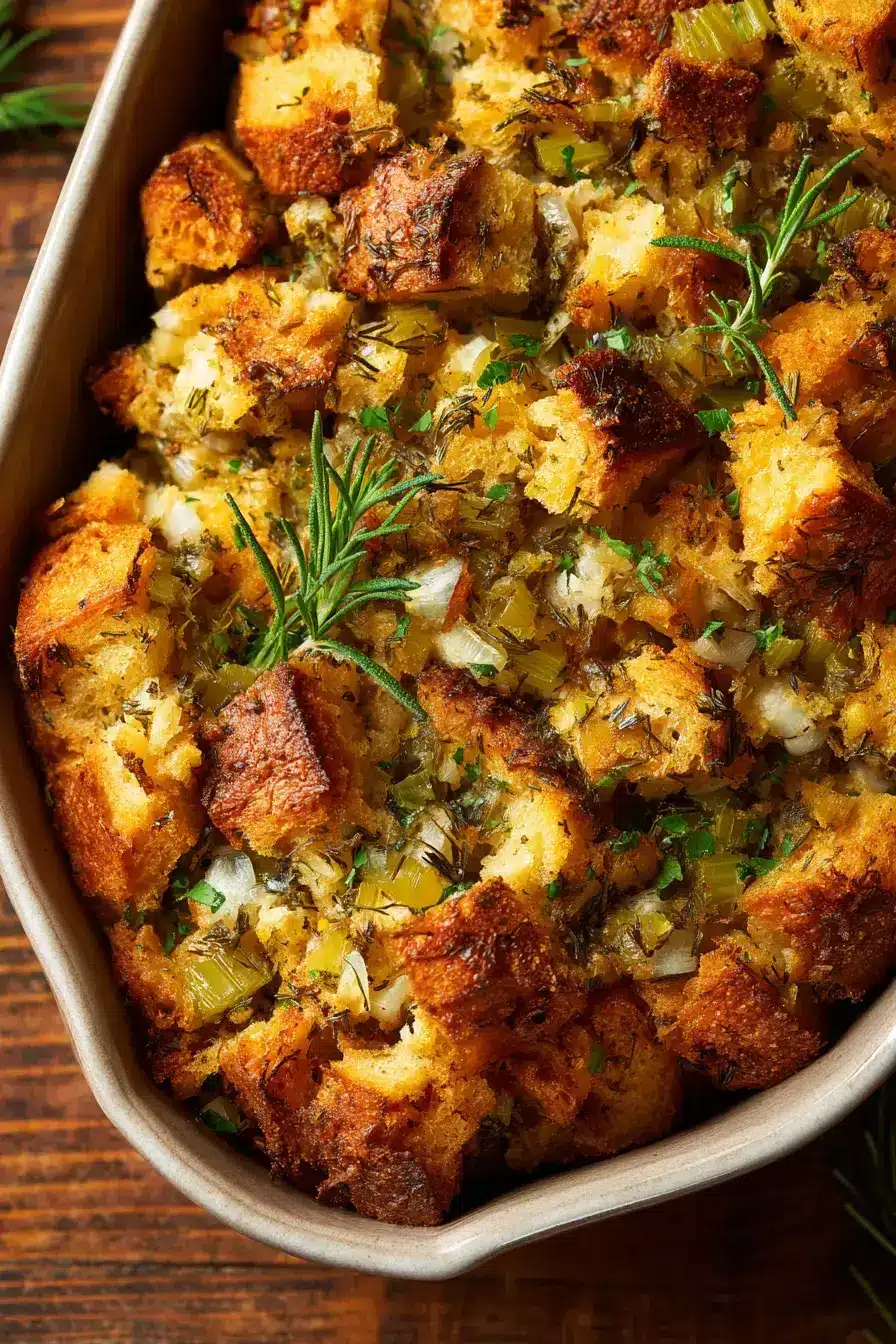 Serving baked herb stuffing on table