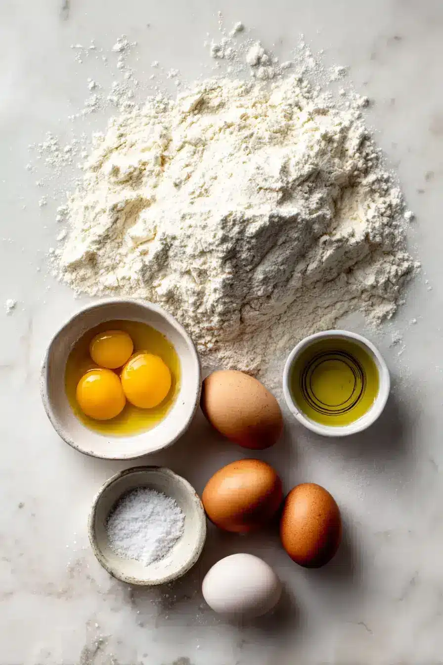 The simple ingredients for Homemade Pasta: flour, eggs, salt, and olive oil