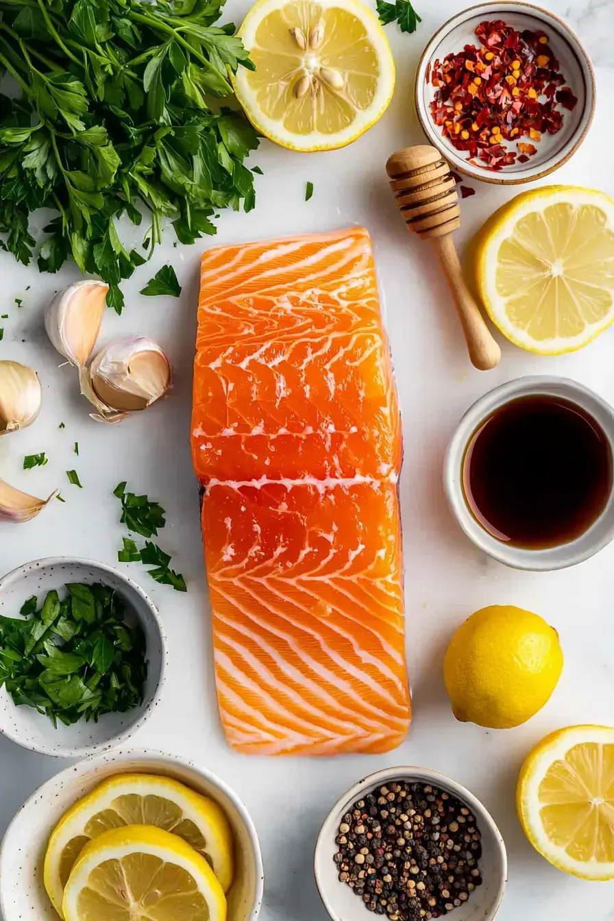 All the fresh ingredients for honey garlic salmon laid out on a kitchen counter