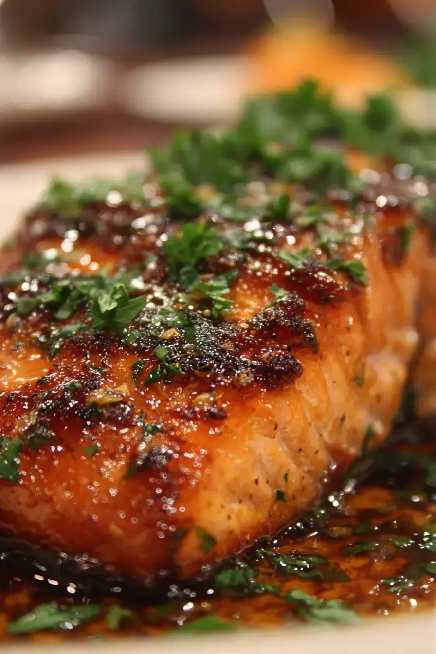 Beautifully plated honey garlic salmon with fresh herbs and lemon garnish
