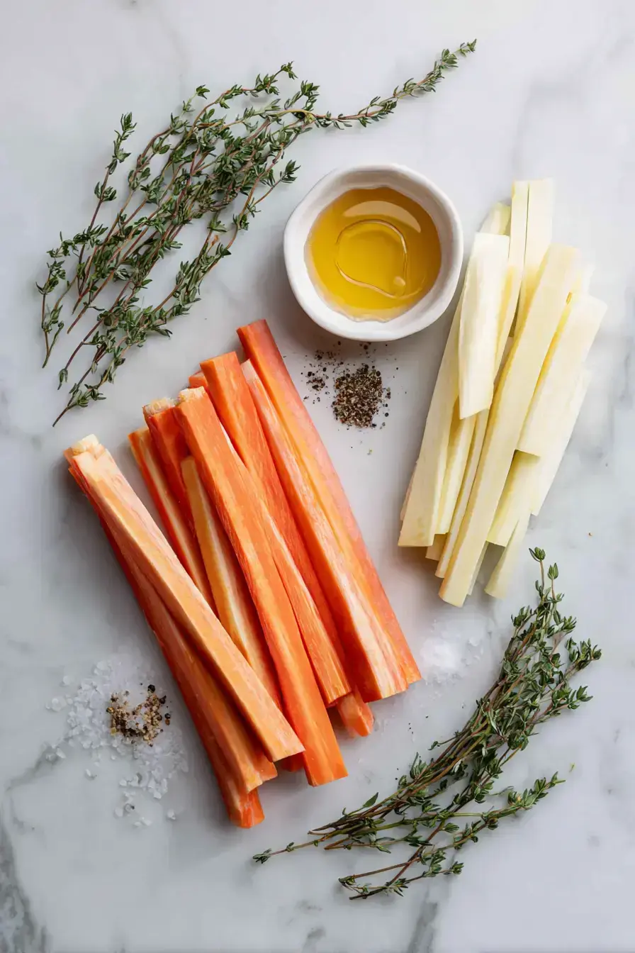 Fresh ingredients for making honey roasted carrots and parsnips on a wooden table