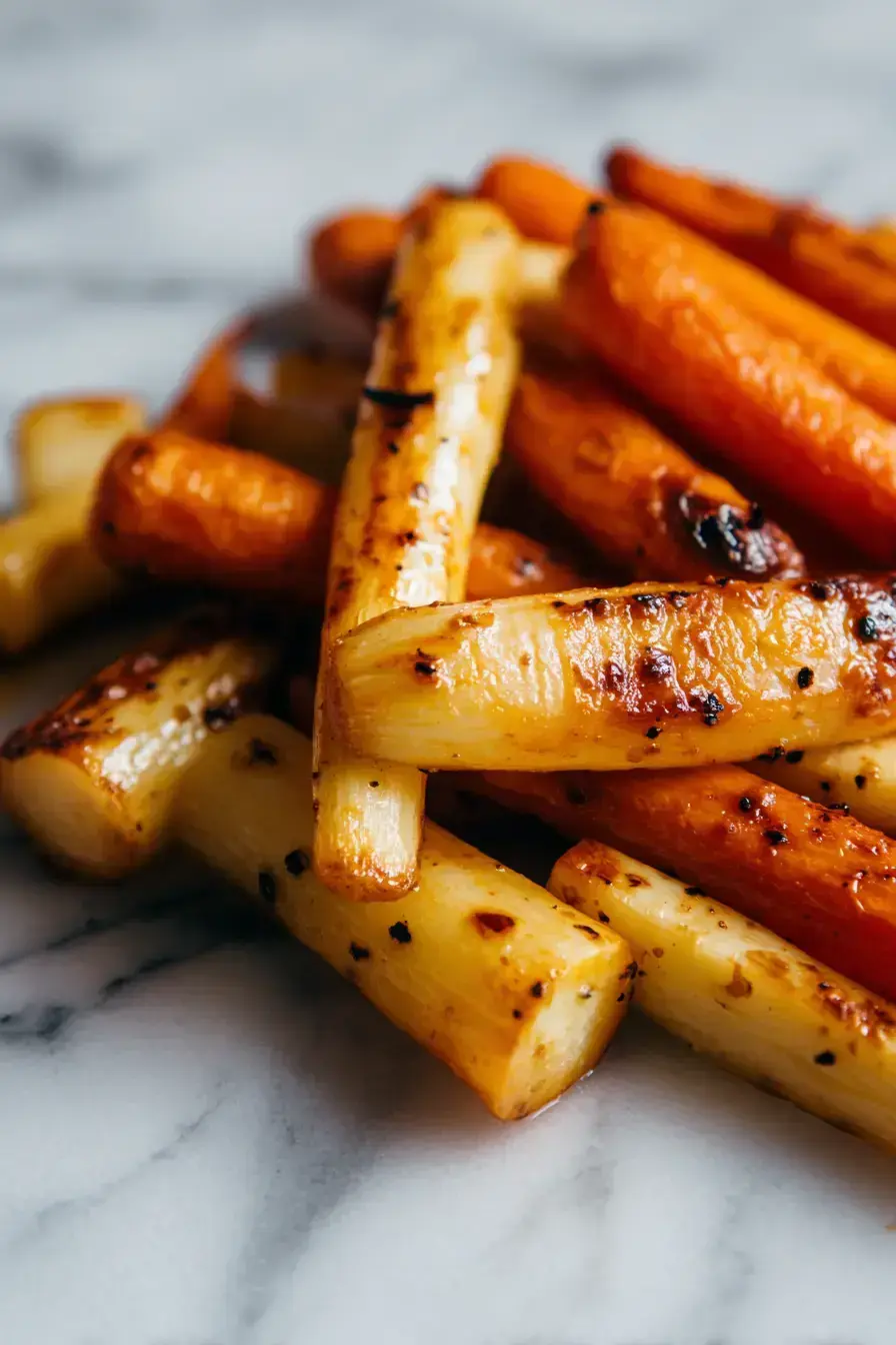 Honey roasted carrots and parsnips served on a beautiful ceramic platter with fresh thyme garnish