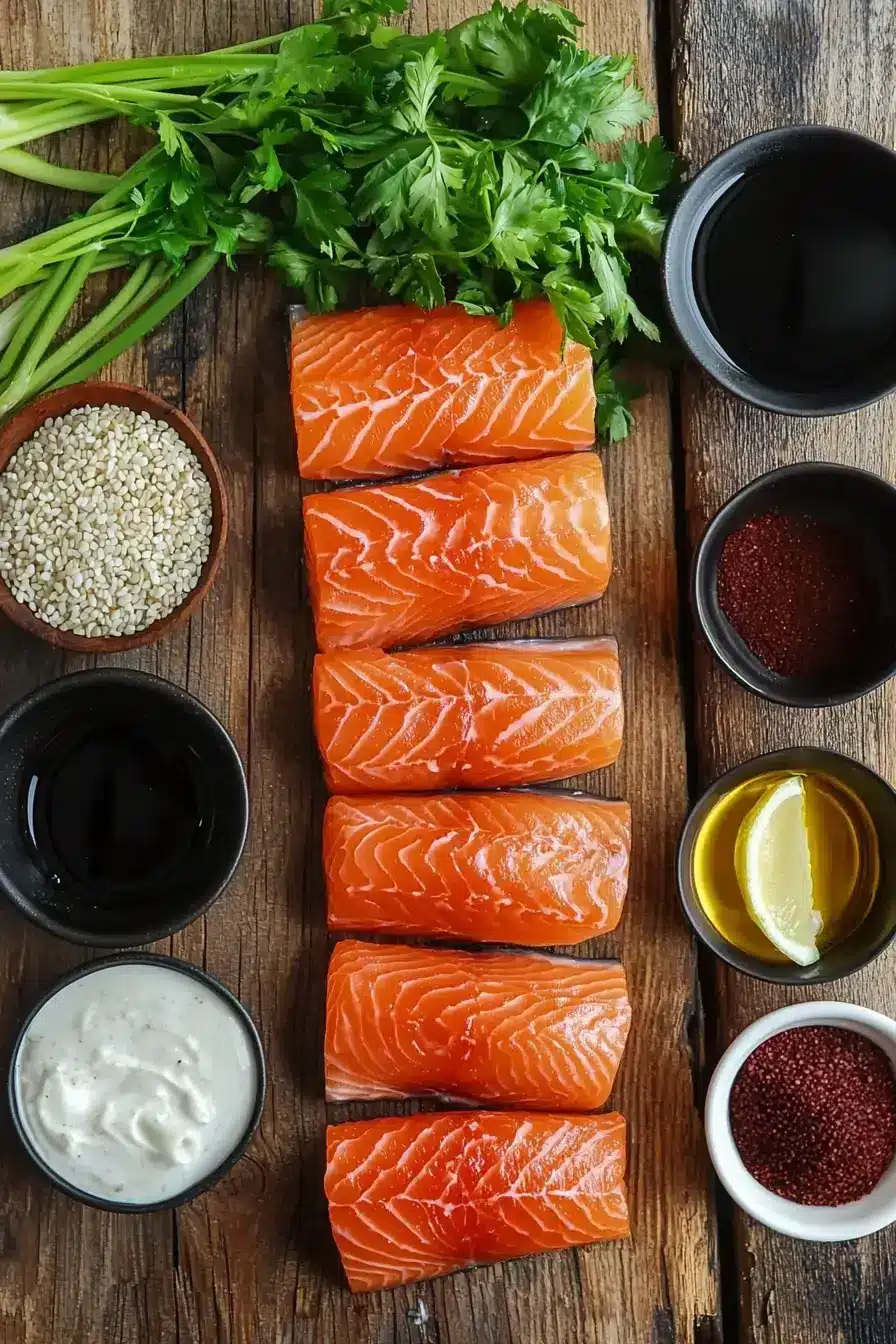 All ingredients for Honey Sesame Salmon recipe laid out on a counter