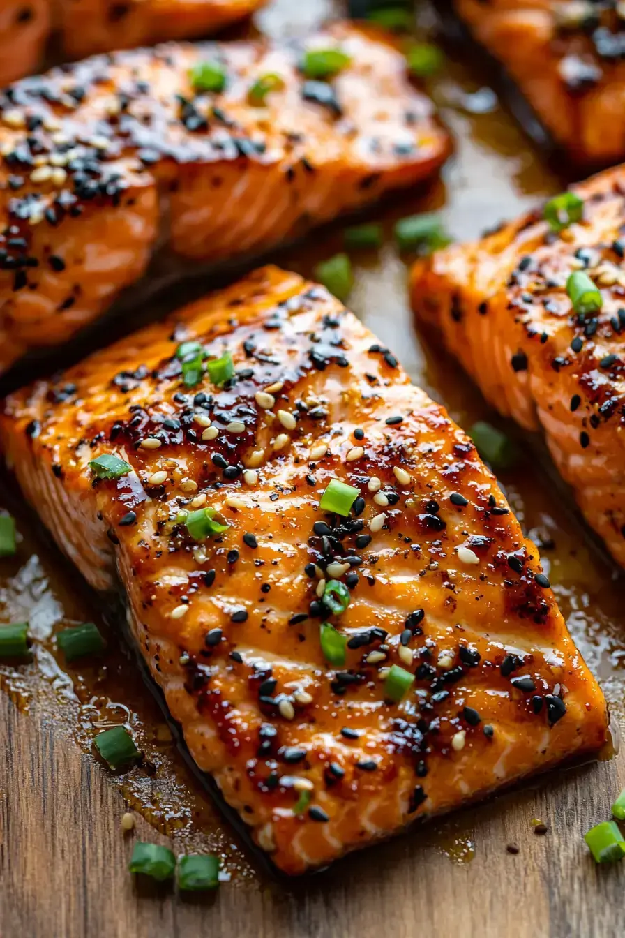 Honey Sesame Salmon served on a beautiful platter with rice and broccoli