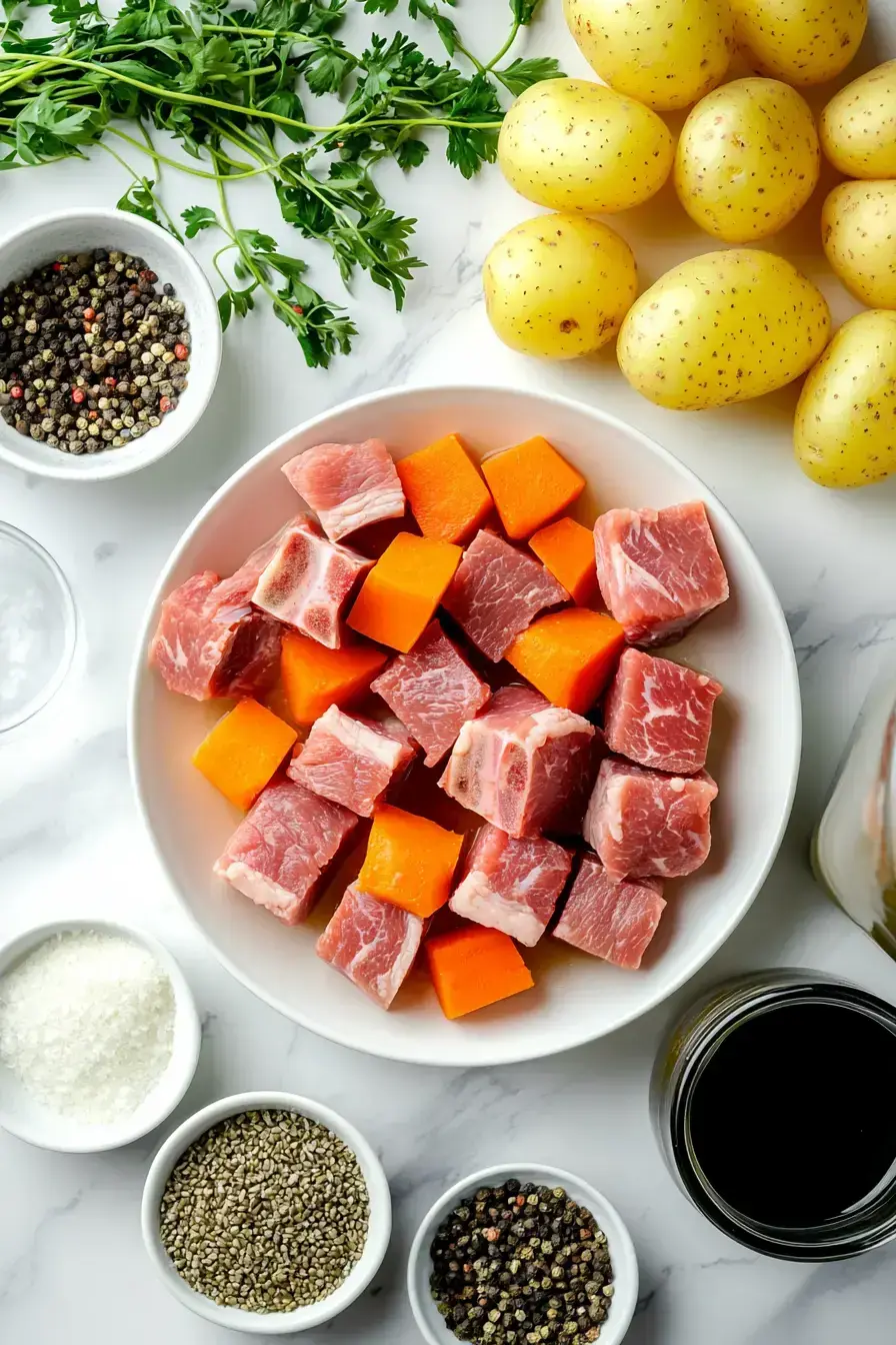 Ingredients for a Traditional Irish Stew Recipe laid out on a counter