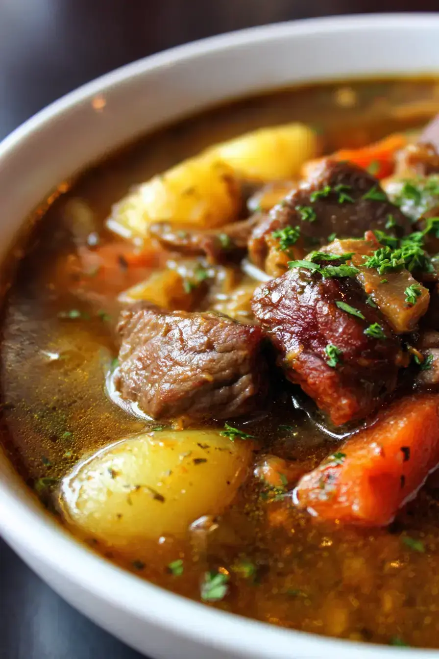 Beautifully served Irish Stew Recipe in a rustic bowl with fresh parsley garnish