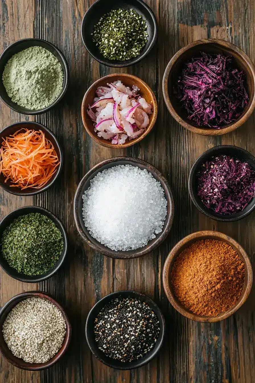 All the ingredients for making Japanese Pink Salt laid out on a rustic table