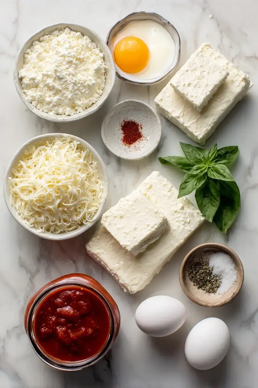 Assembled ingredients for making an easy Lasagna 4 Cheese Dip