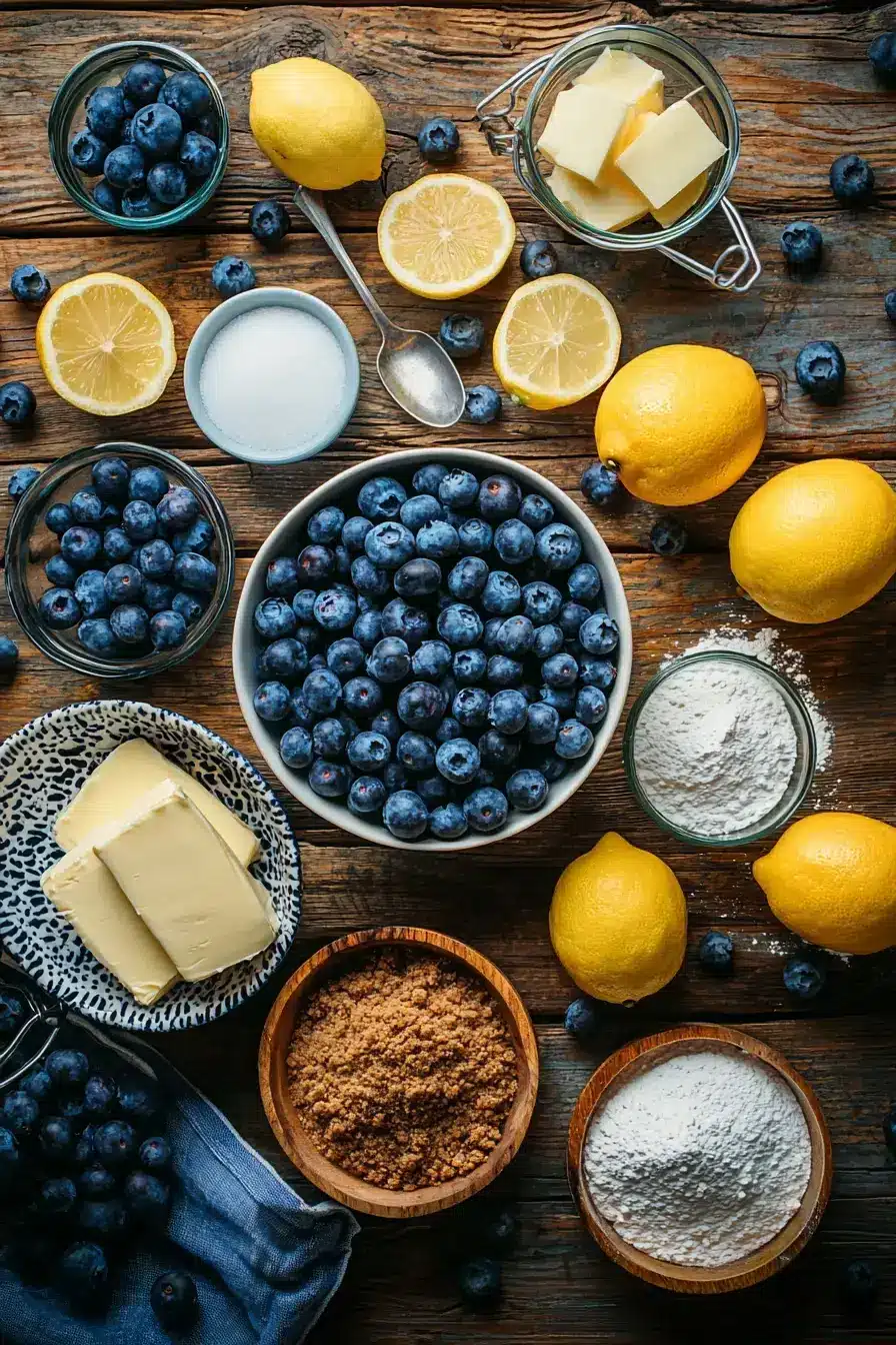 Ingredients for making a homemade Lemon Blueberry Cheesecake laid out on a counter