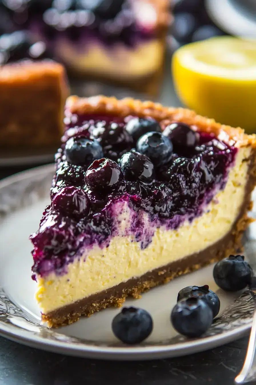 A beautiful slice of Lemon Blueberry Cheesecake served on a plate with fresh berries and mint
