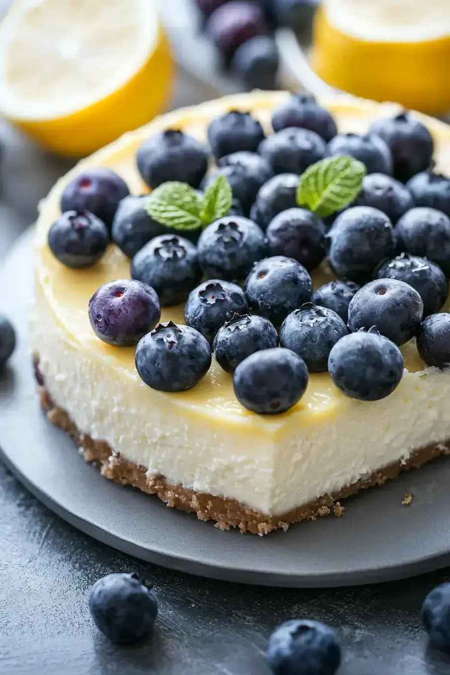 Freshly baked Lemon Blueberry Cheesecake with a golden crust and vibrant berry topping