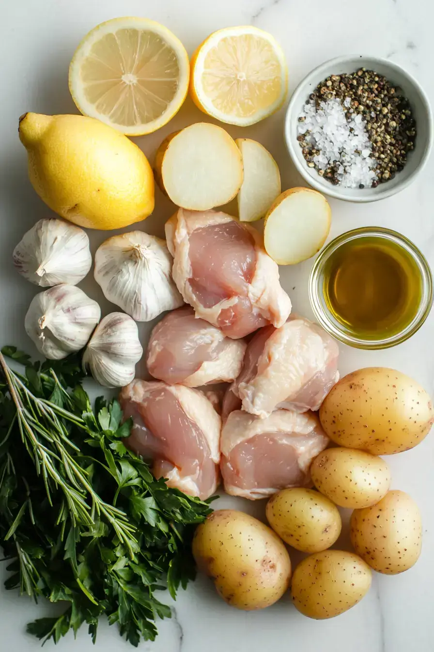 Lemon Chicken Tray Bake ingredients including chicken, potatoes, and herbs