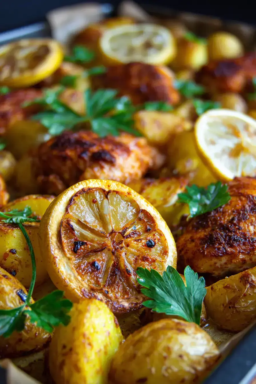 Lemon Chicken Tray Bake served family-style with fresh parsley garnish