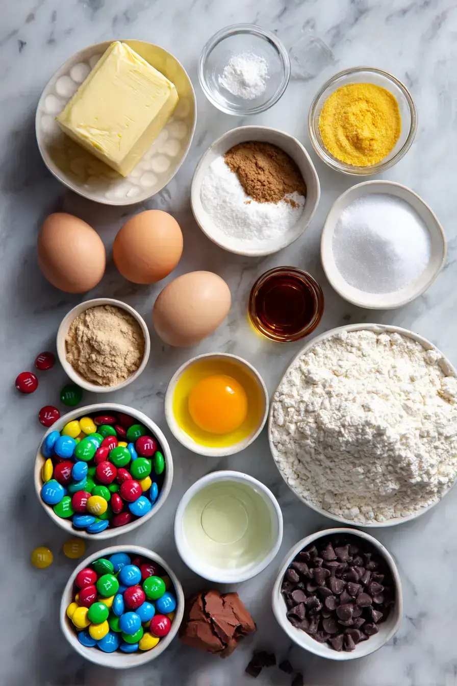 All ingredients laid out for making homemade M&M Cookies