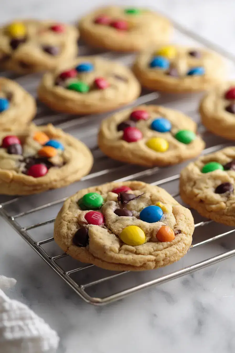 A beautiful serving plate of M&M Cookies with milk for dunking
